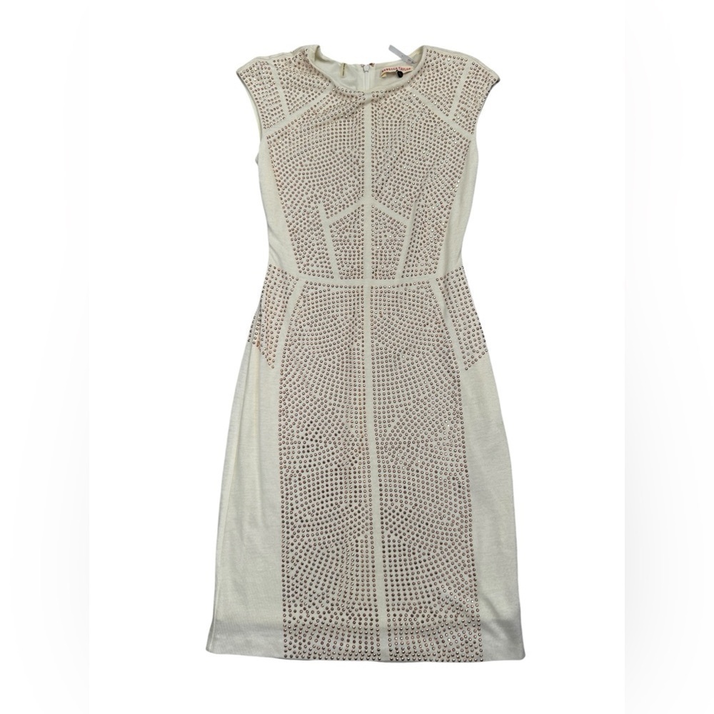 REBECCA TAYLOR $495 Nailhead Rose gold Pink  Studded Cream Sheath Dress Small